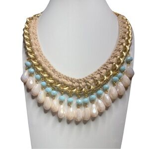 19" Necklace Mixed Media Faceted Glass Pink & Blue Gold Tone Chain w. Macrame